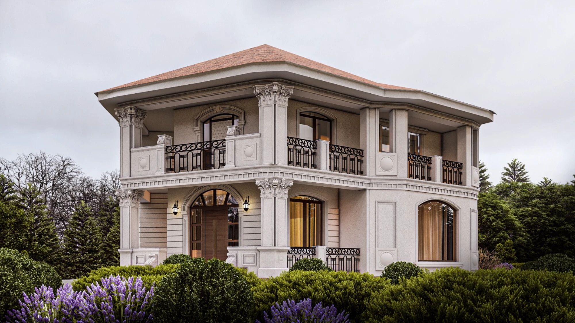 Vilă cu fațadă decorată cu coloane, cornișe și ancadramente Rmax